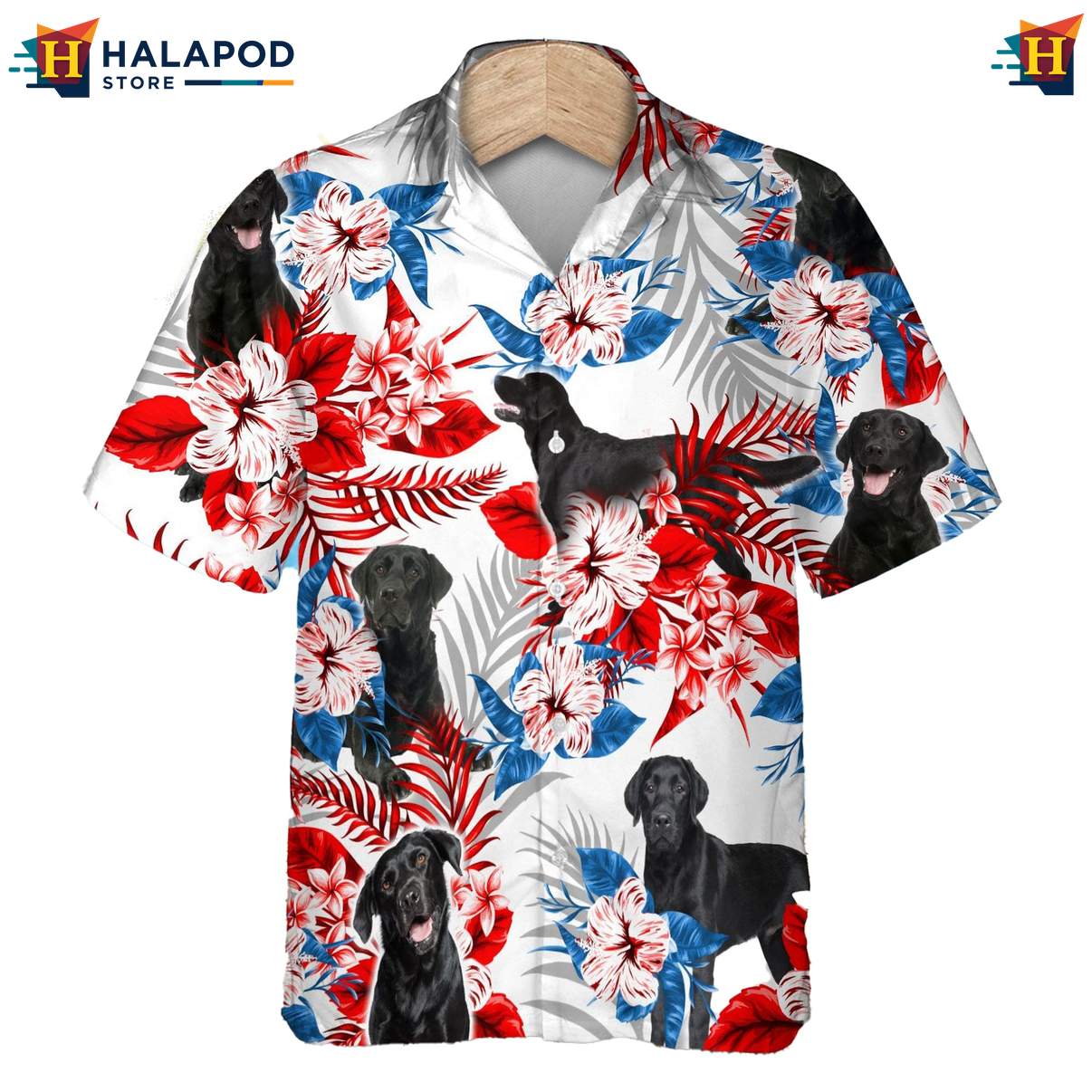Labrador Black Dog Hawaiian Shirt Tropical Leaf Aloha Button Down Beachwear