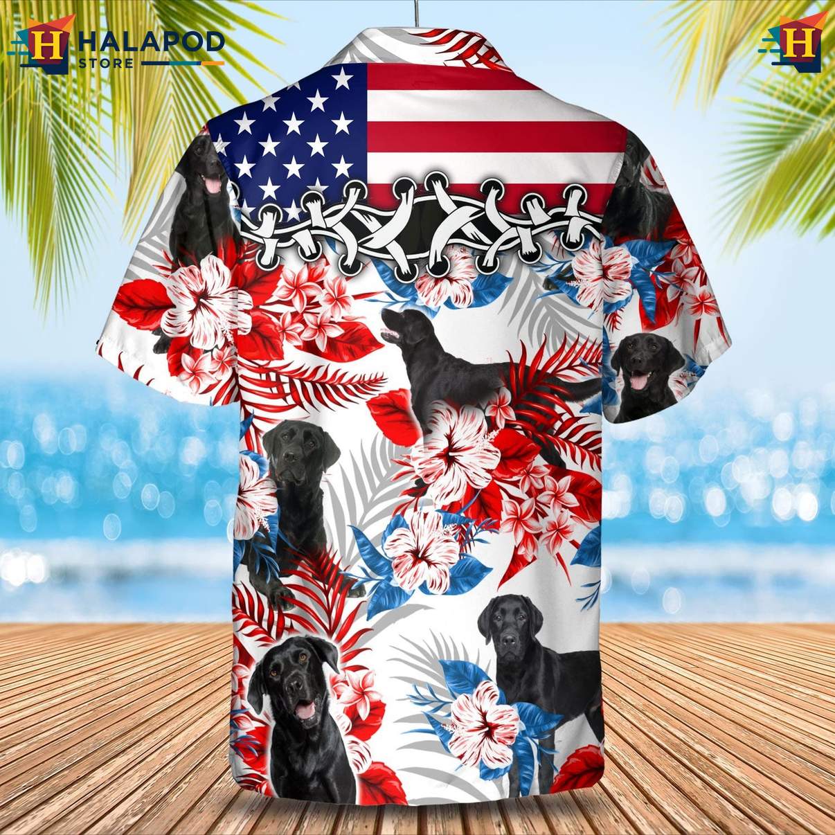 Labrador Black Dog Short-sleeve button-up shirt Tropical Leaf Aloha Button Down Beachwear