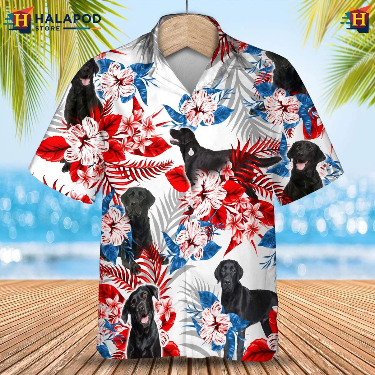 Labrador Black Dog Tropical Shirt Tropical Leaf Aloha Button Down Beachwear