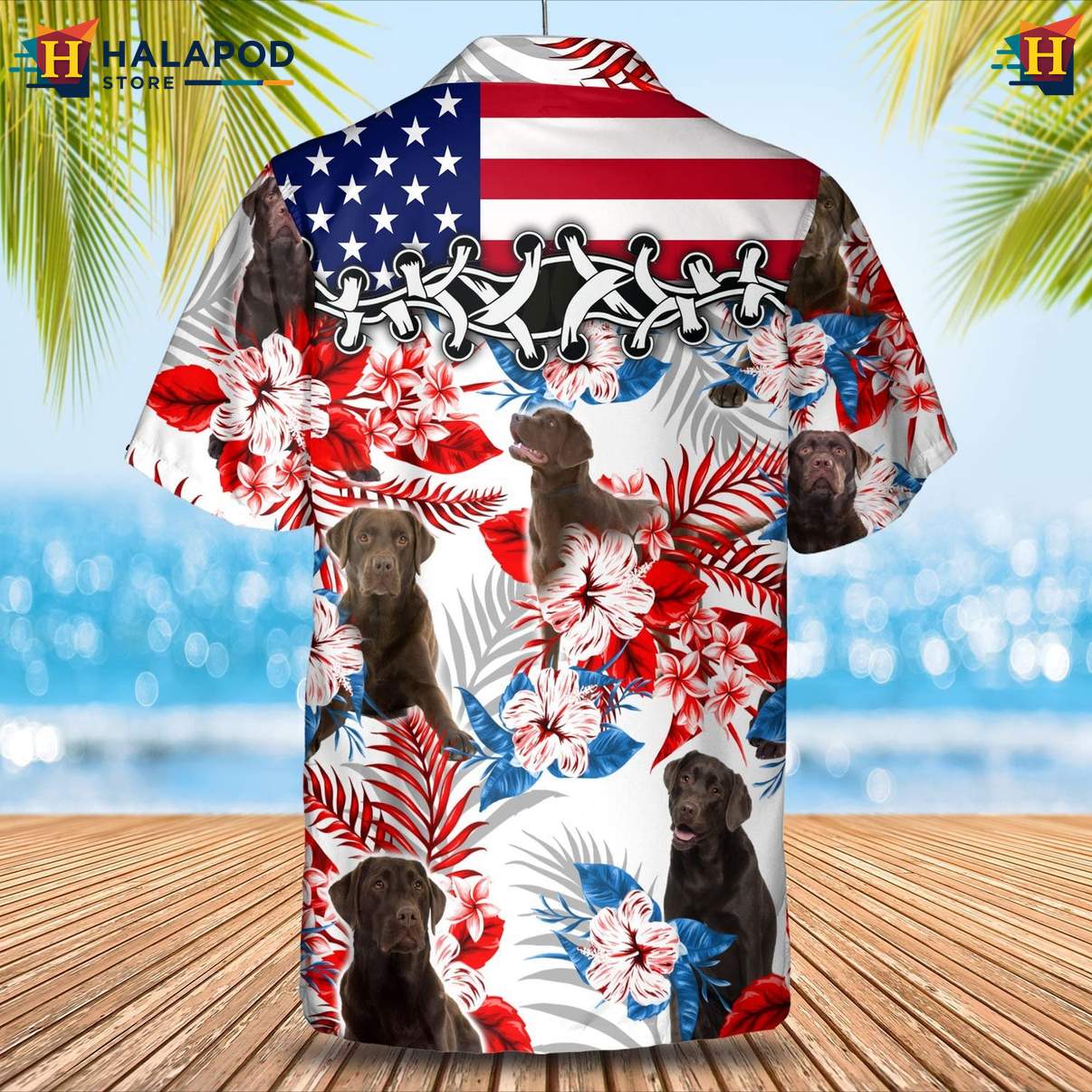 Labrador Chocolate Dog Short-sleeve button-up shirt Tropical Leaf Aloha Beach Button Down