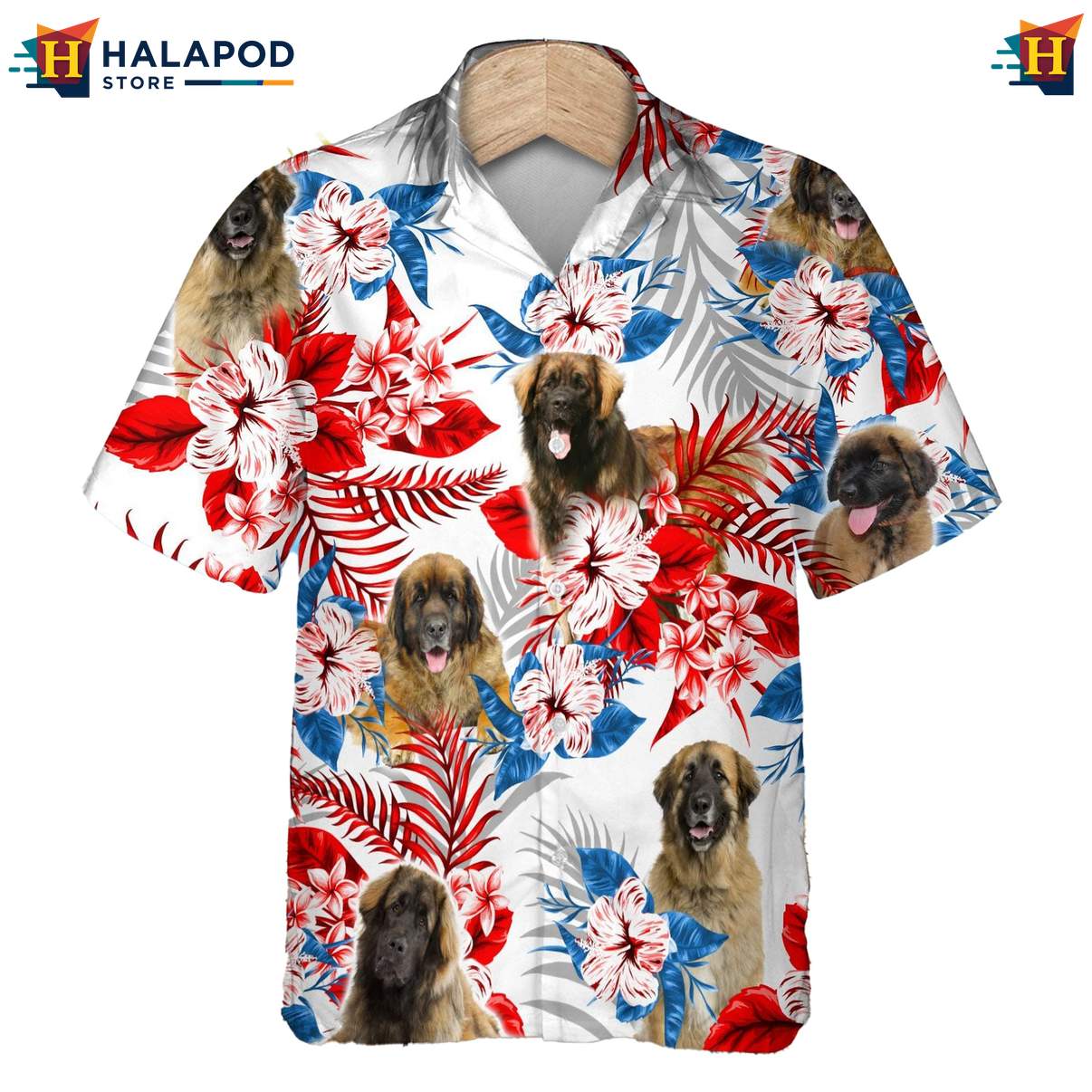 Leonberger Dog Tropical Aloha Shirt Mens Hawaiian Leaf Button Down Apparel