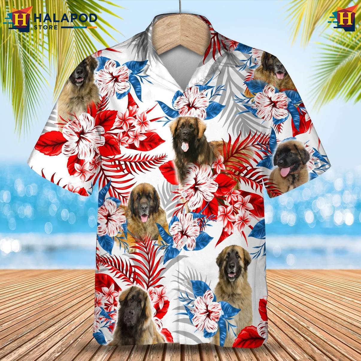 Leonberger Dog Tropical Aloha Tee Shirt Mens Hawaiian Leaf Button Down Apparel