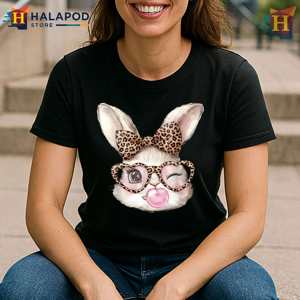 Leopard Glasses Bunny Cute Easter Shirts For Girls Trendy Style