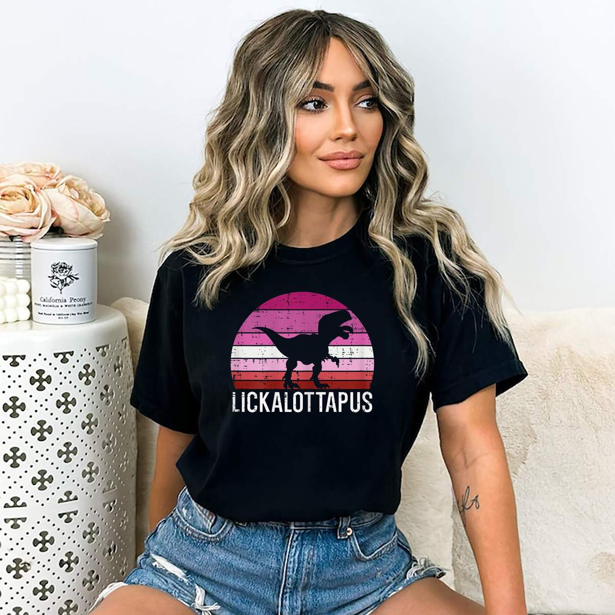 Lesbian Dinosaur Pride T-Shirt Lickalottapus LGBTQ Flag Trex Graphic For Mens
