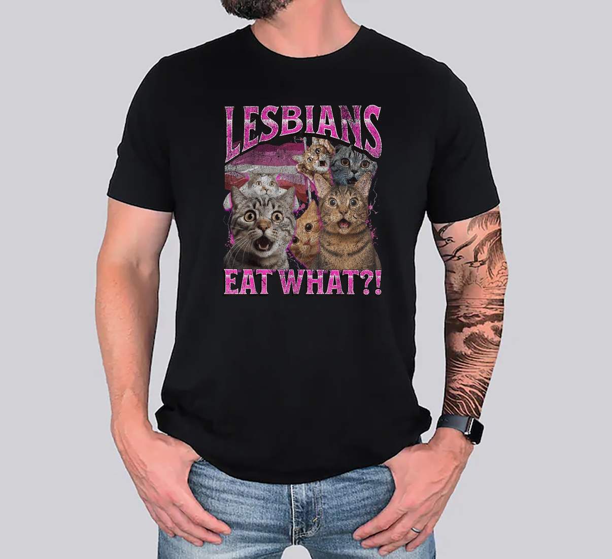 Lesbians Eat What Funny Cat Tee Shirt Gay Pride LGBTQ Pun Bootleg Graphic Mens