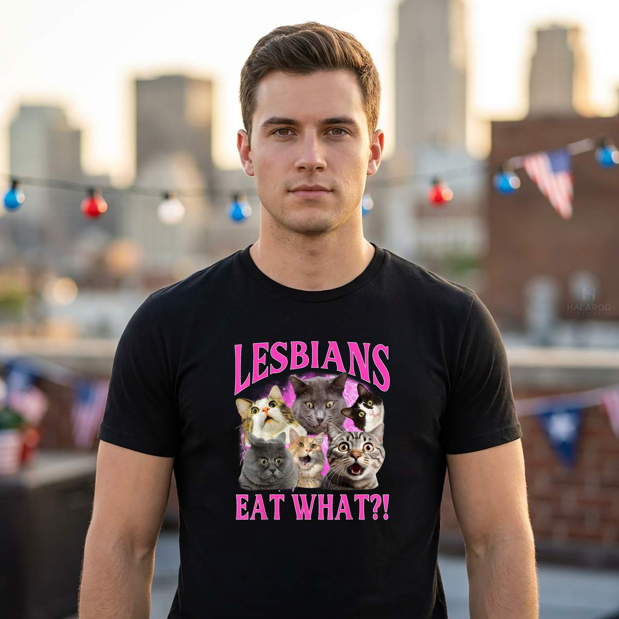 Lesbians Eat What Gay Pride T-Shirt Funny Cat LGBTQ Pun Bootleg Graphic Mens