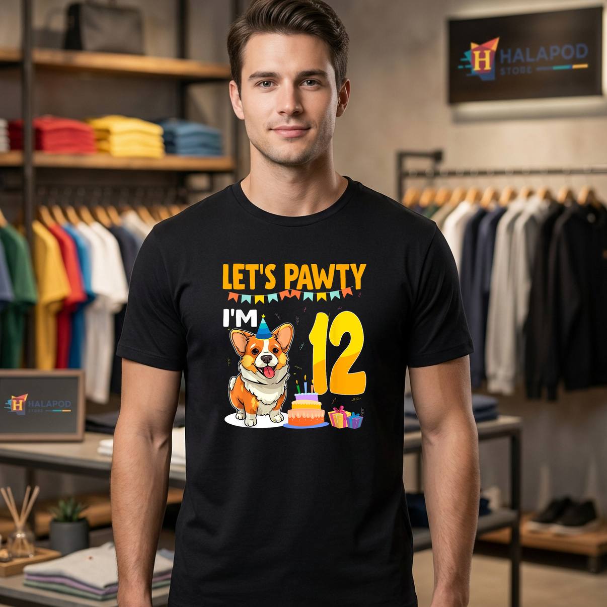 Lets Pawty Im 12 Year Old T-Shirt Birthday Corgi Dog Lover 12th Graphic Men