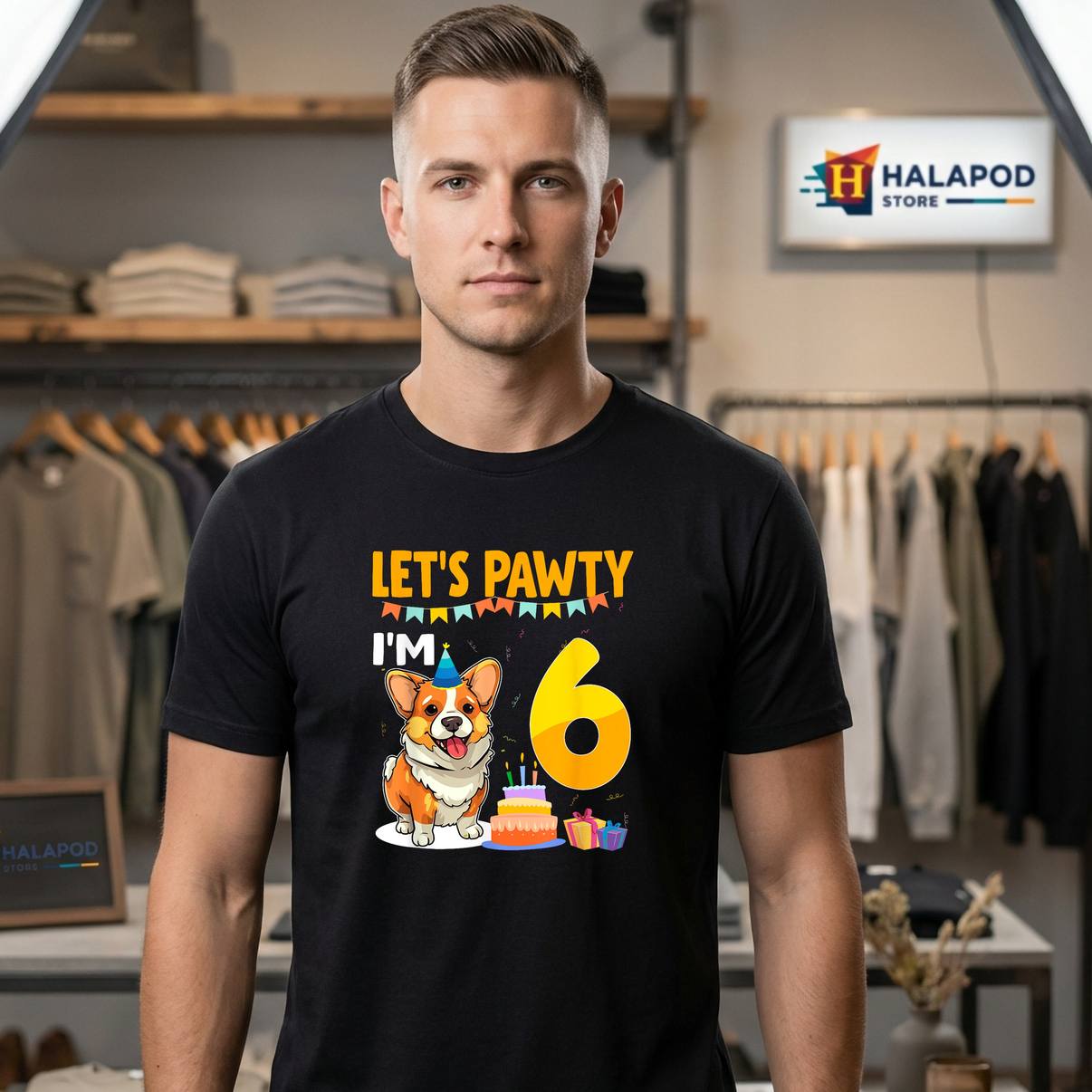 Lets Pawty Im 6 Year Old Shirt Birthday Corgi Dog Lover 6th Graphic Mens