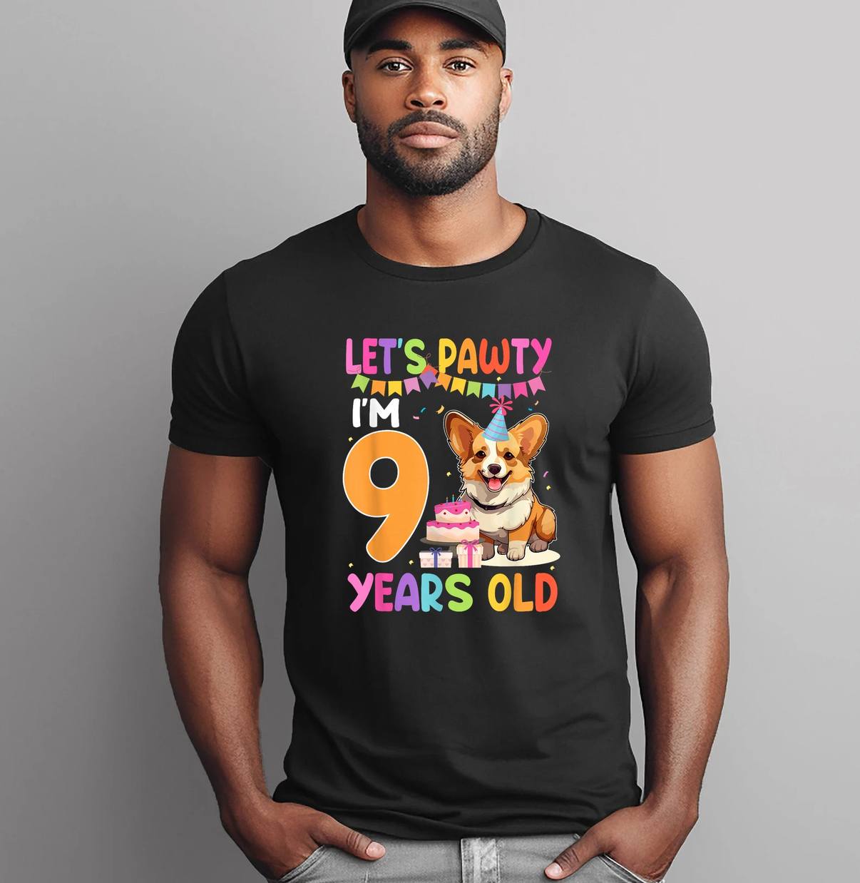 Lets Pawty Im 9 Year Old Shirt Birthday Corgi Dog Cute 9th Party For Men