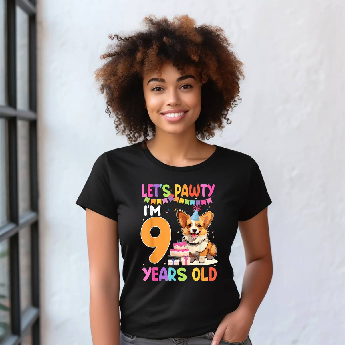 Lets Pawty Im 9 Year Old Tee Shirt Birthday Corgi Dog Cute 9th Party For Men