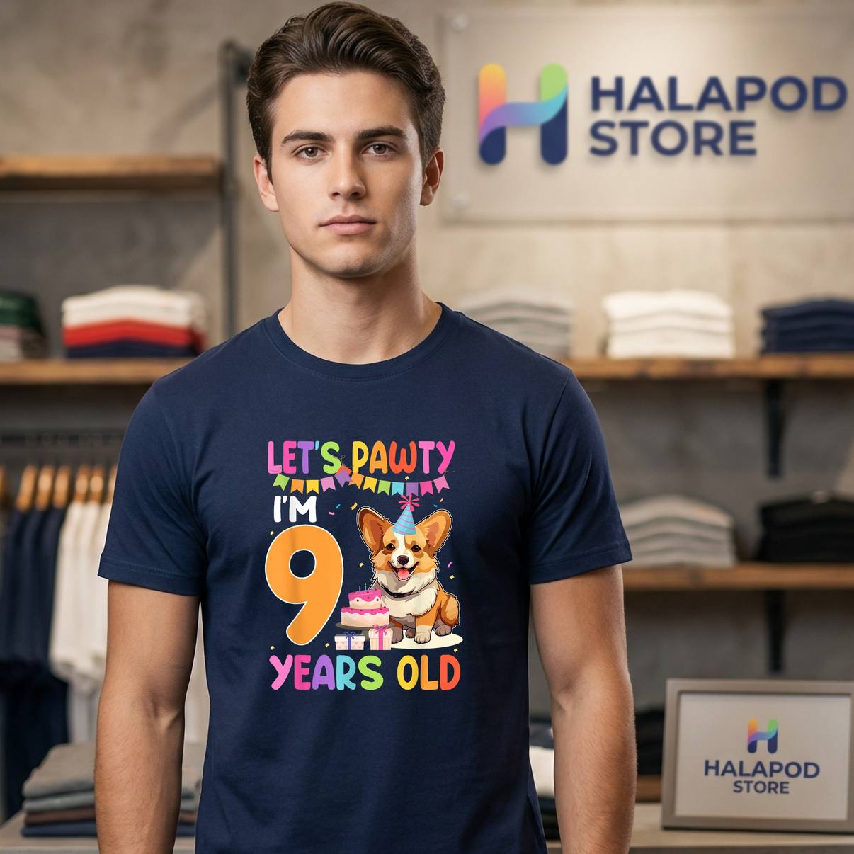 Lets Pawty Im 9 Year Old T-Shirt Birthday Corgi Dog Cute 9th Party For Men
