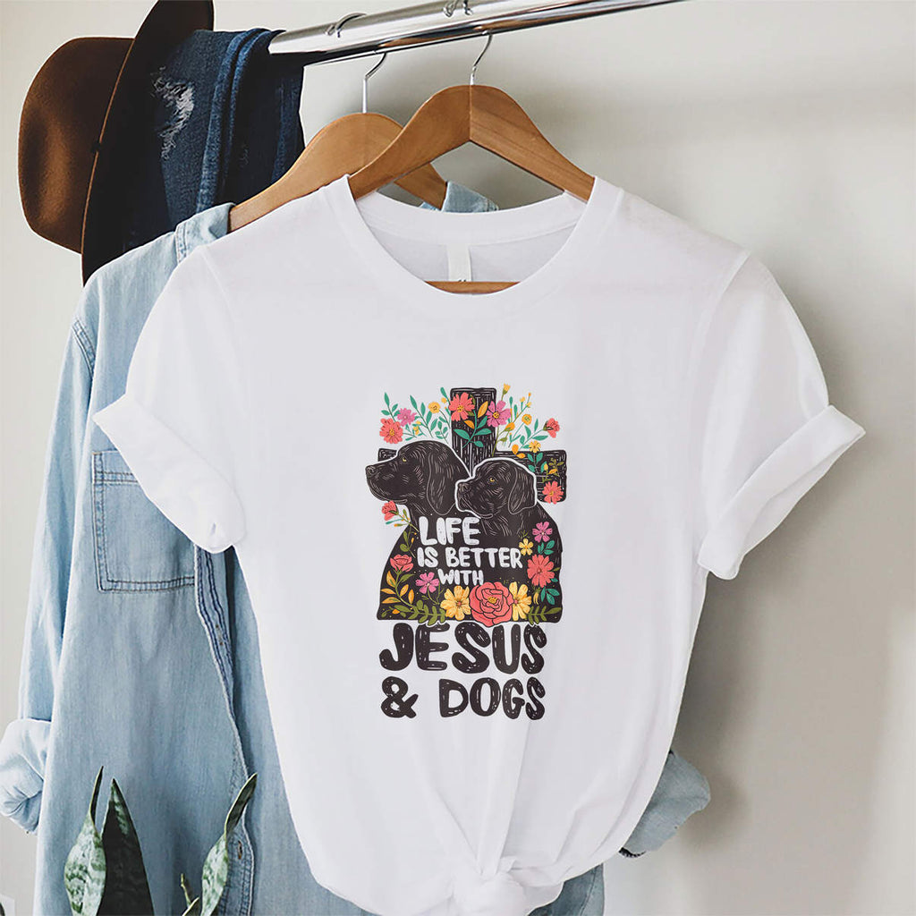 Life Better With Jesus Shirt Black Labrador Retrievers Casual Graphic Womens