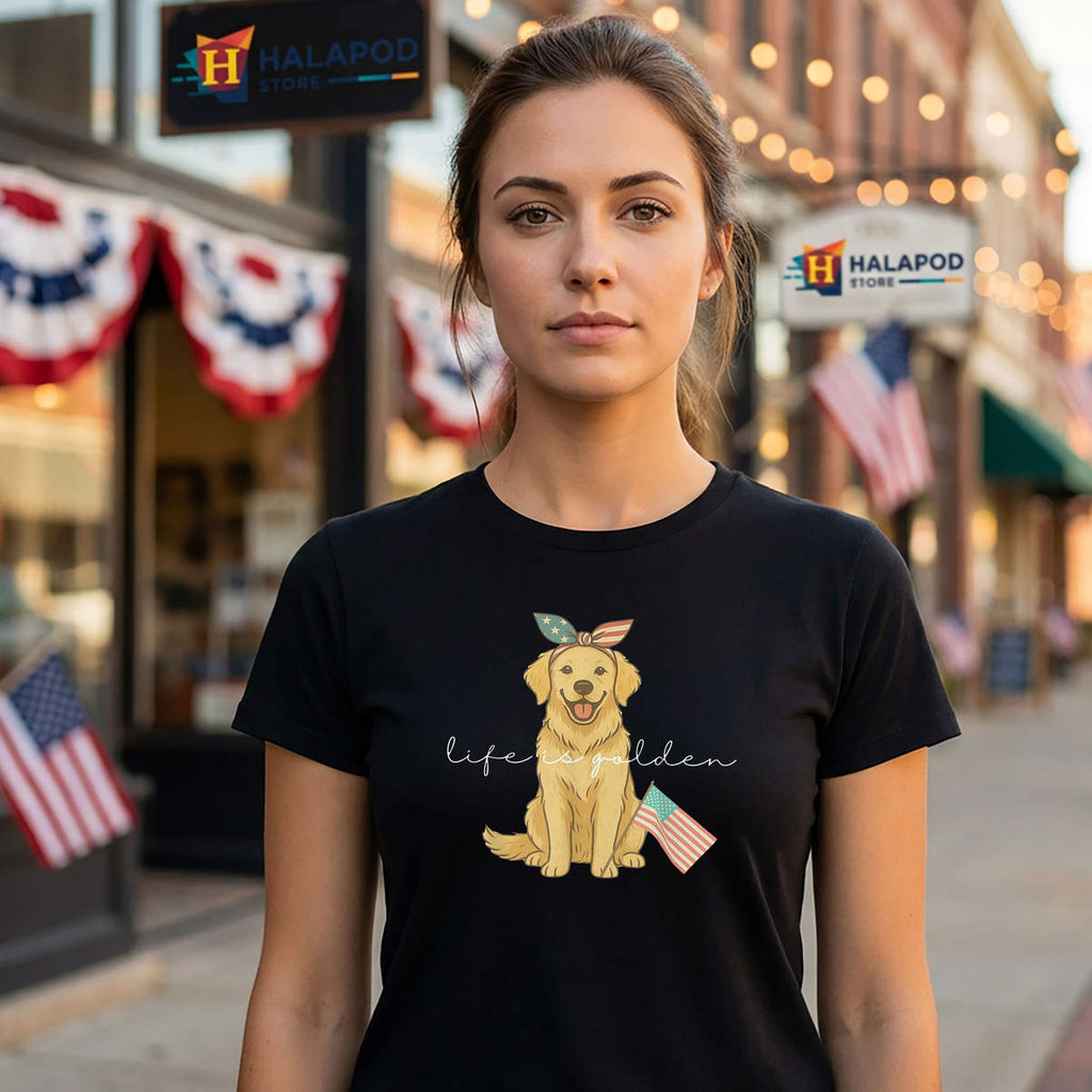 Life Is Golden 4th Of July Shirt US Flag Dog Graphic Novelty Casual Mens