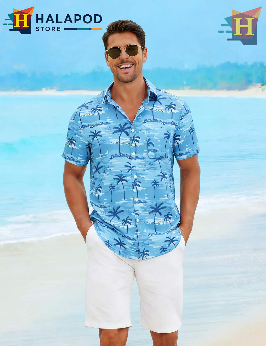 Light Blue Palm Tree Hawaiian Shirt Summer Casual Beach Tropical Mens Shirt