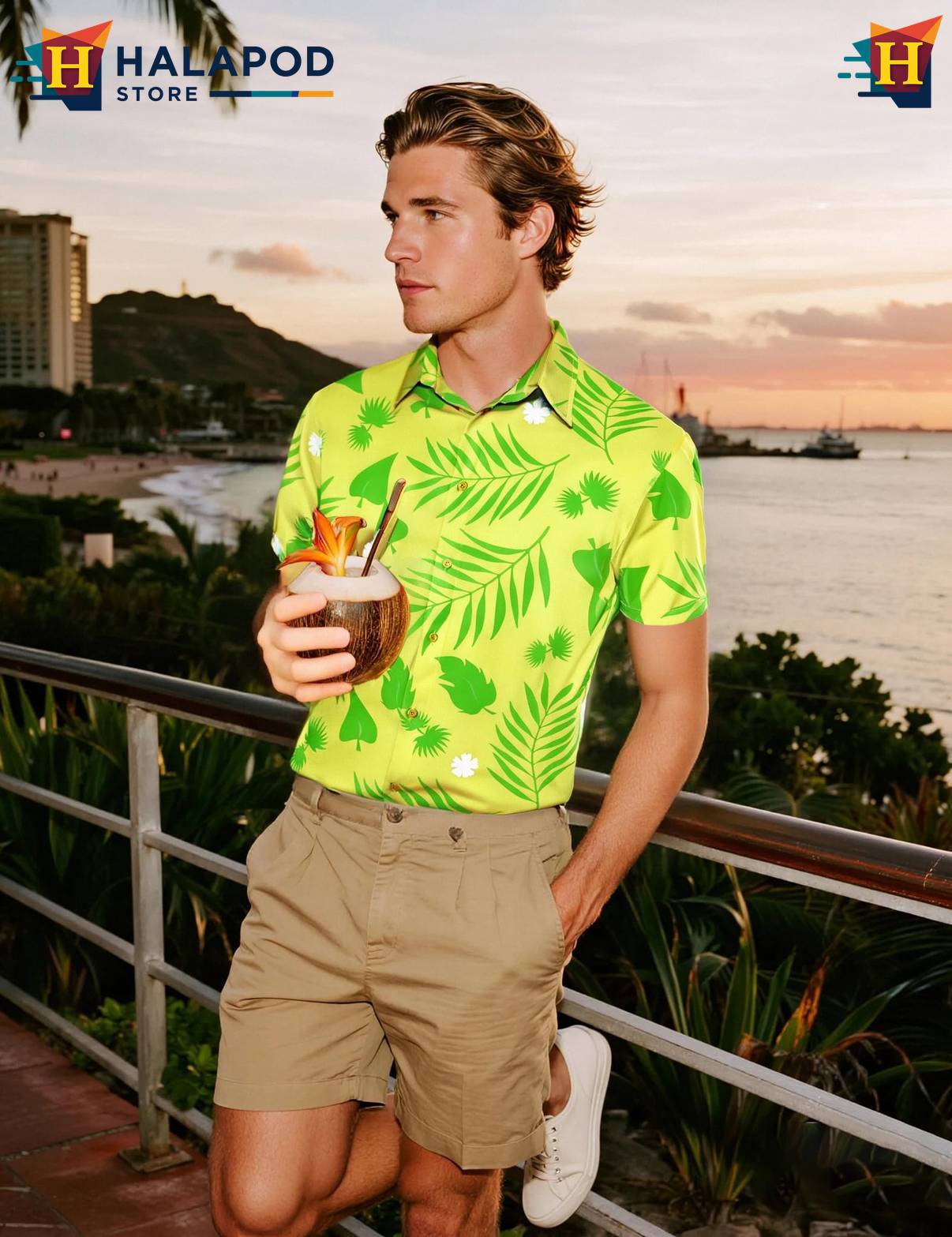 Light Green Tropical Short-sleeve button-up shirt Mens Beach Button Down Short Sleeve