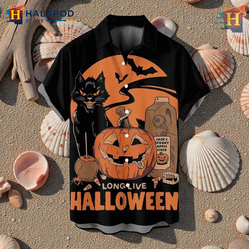 Long Live Halloween Spooky Graphic In Short Sleeve Hawaiian Shirt Playful Style