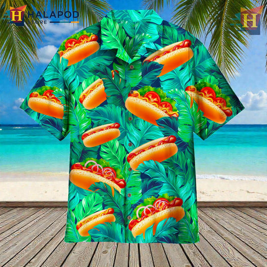 Love Hot Dog Food Humor Design In Tropical Hawaiian Shirt Casual Fun Look