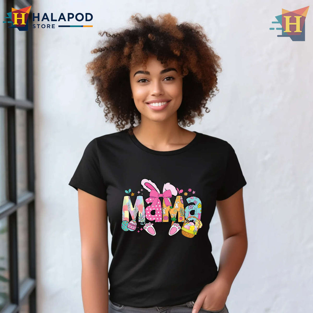 Mama Bow Bunny Graphic Easter Shirts For Women Cute Mom Style