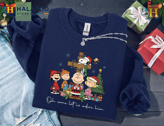 Matching Christmas Shirt Peanuts Snoopy Christian Adore Him Holiday Cartoon Tee