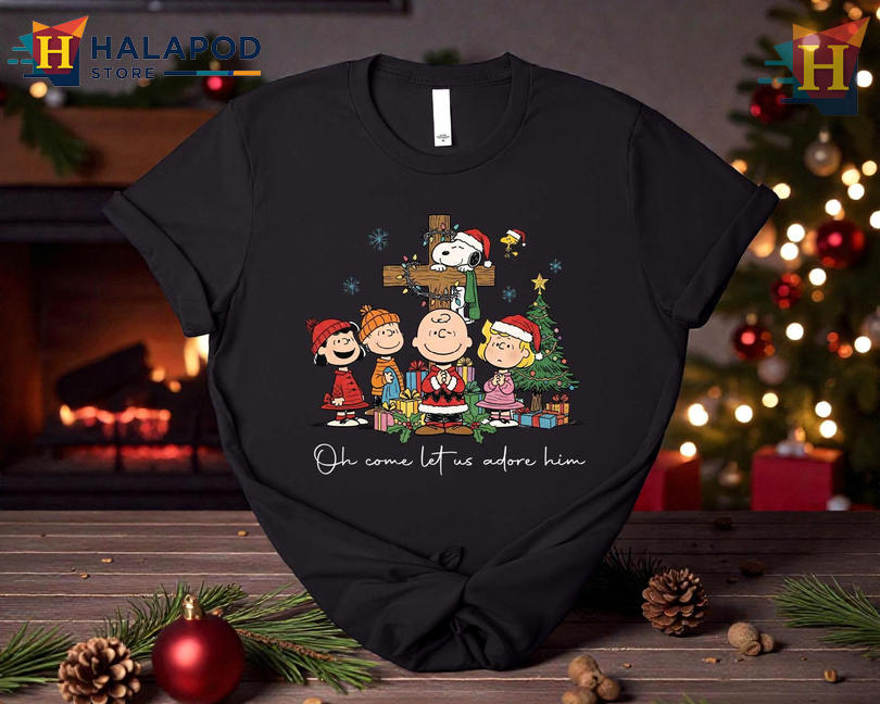 Matching Christmas Shirt Peanuts Snoopy Christian Adore Him Holiday Cartoon Tee