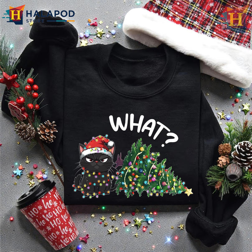 Matching Xmas Shirt Funny Black Cat Christmas Light Tee For Cat Lovers Everywhere