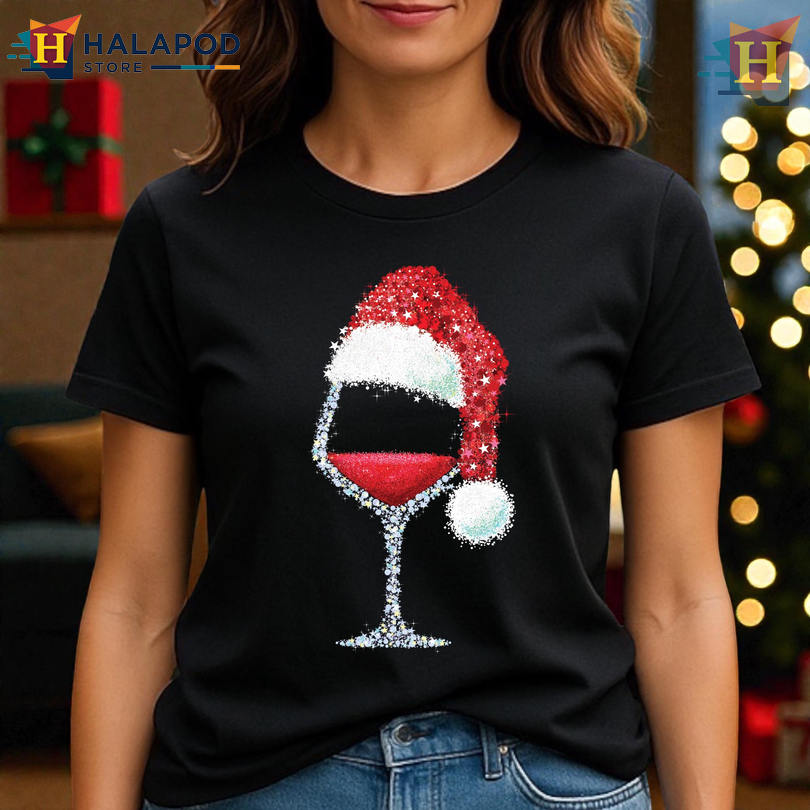 Matching Xmas Shirt Red Wine Santa Hat Holiday Party Tee For Women Wine Lovers