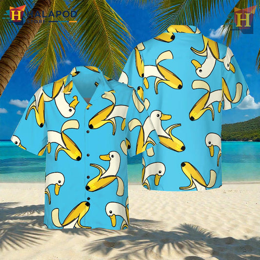 Mens Funny Hawaiian Shirts with Playful Banana Duck Tropical Artwork
