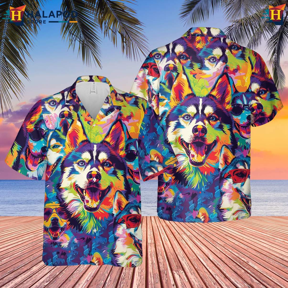 Mens Husky Dog Lover Aloha Shirt Short Sleeve Button Down Beach Clothing