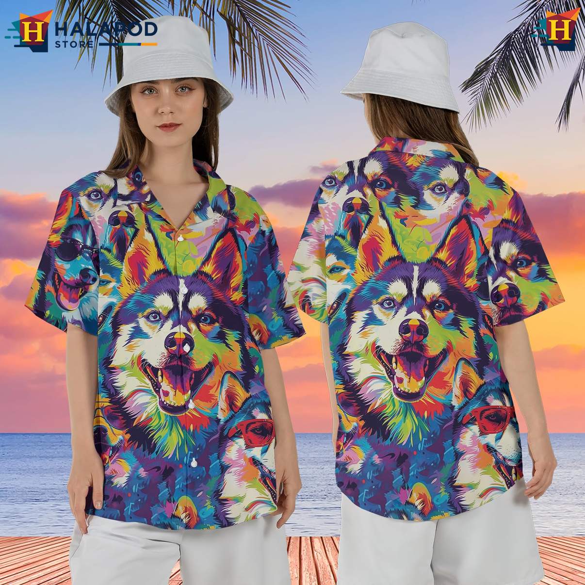 Mens Husky Dog Lover Tropical Shirt Short Sleeve Button Down Beach Clothing