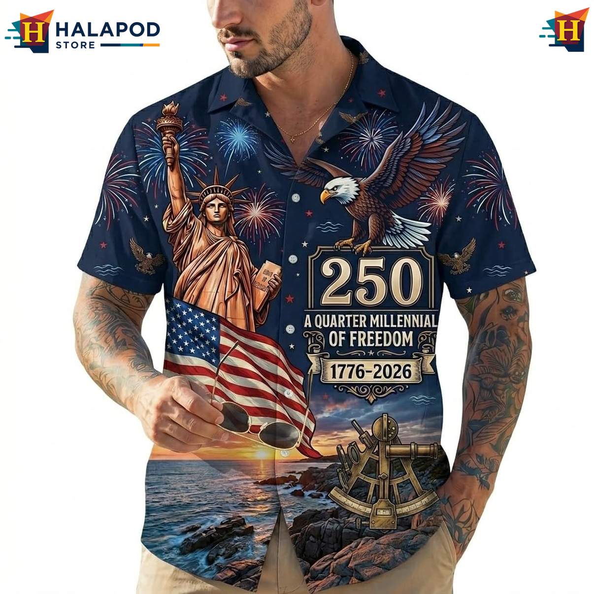 Mens Independence Day 4th Of July T-Shirt Hawaiian Short Sleeve Button Down