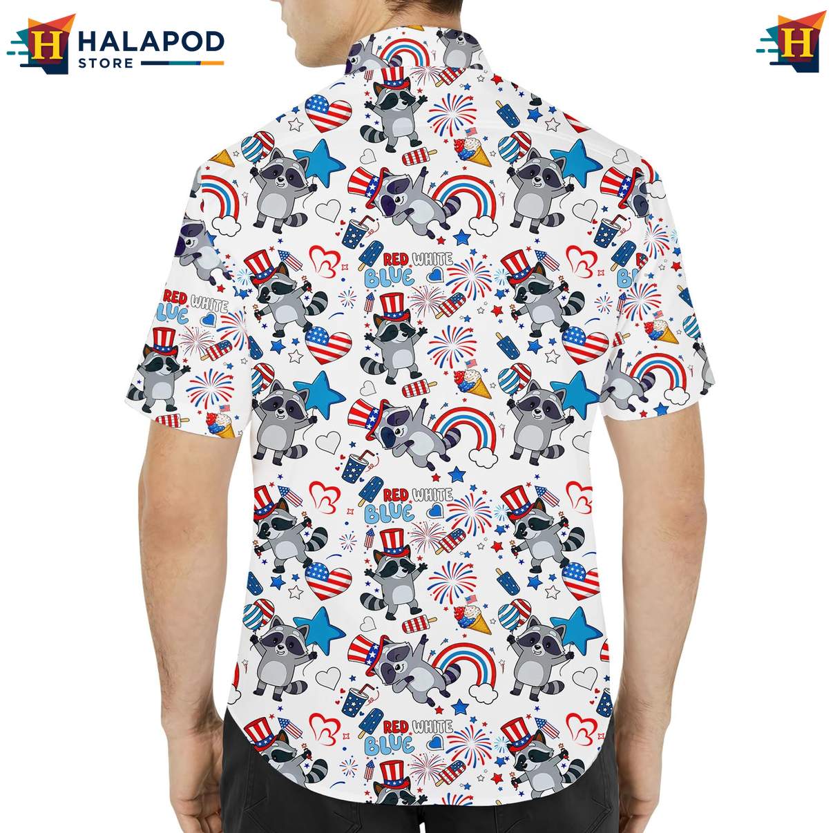 Mens Patriotic Raccoon Short-sleeve button-up shirt USA Flag 4th Of July Button Down Tops