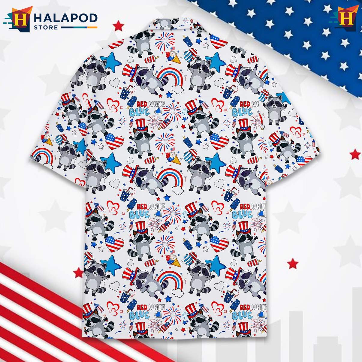 Mens Patriotic Raccoon Tropical Shirt USA Flag 4th Of July Button Down Tops