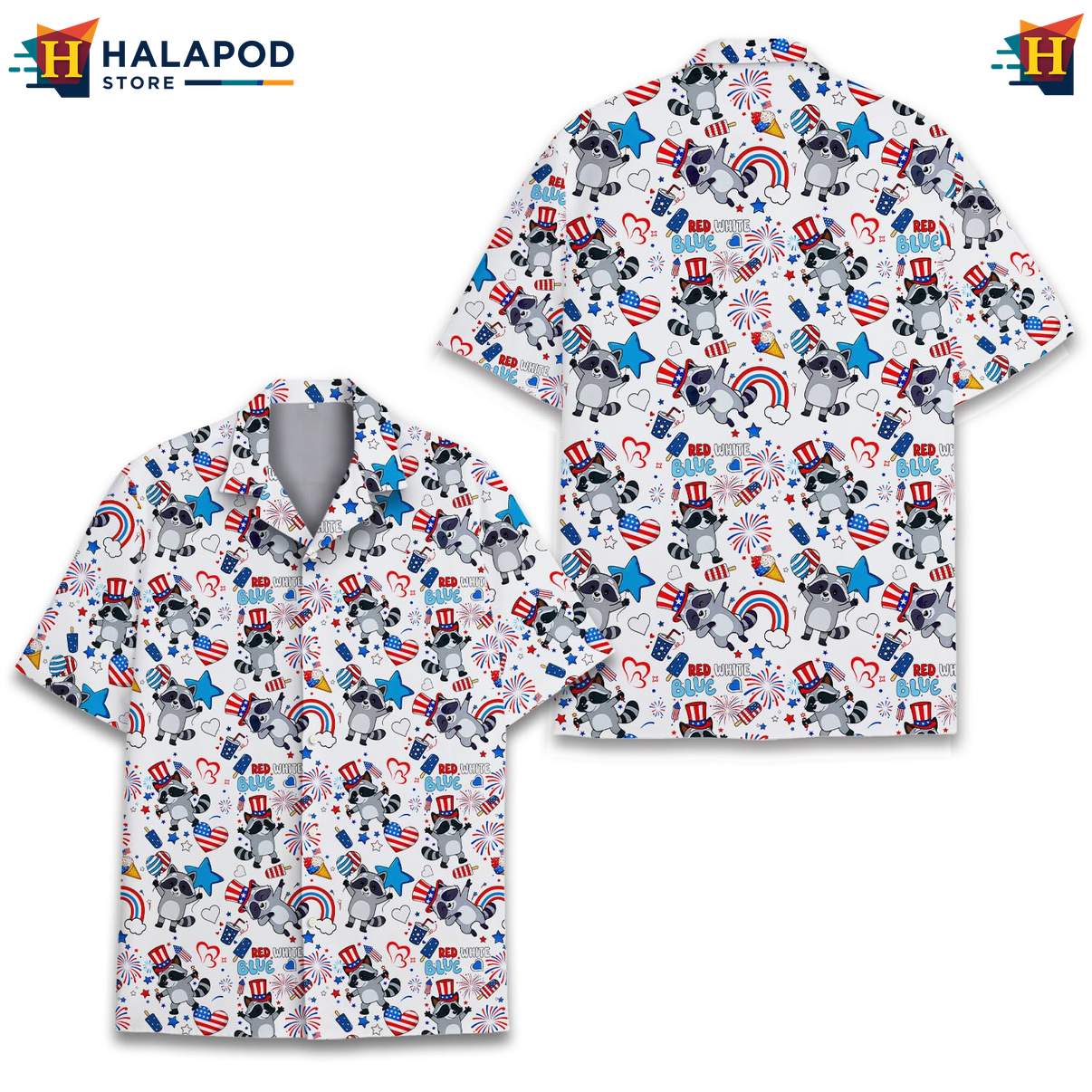Mens Patriotic Raccoon Aloha Shirt USA Flag 4th Of July Button Down Tops