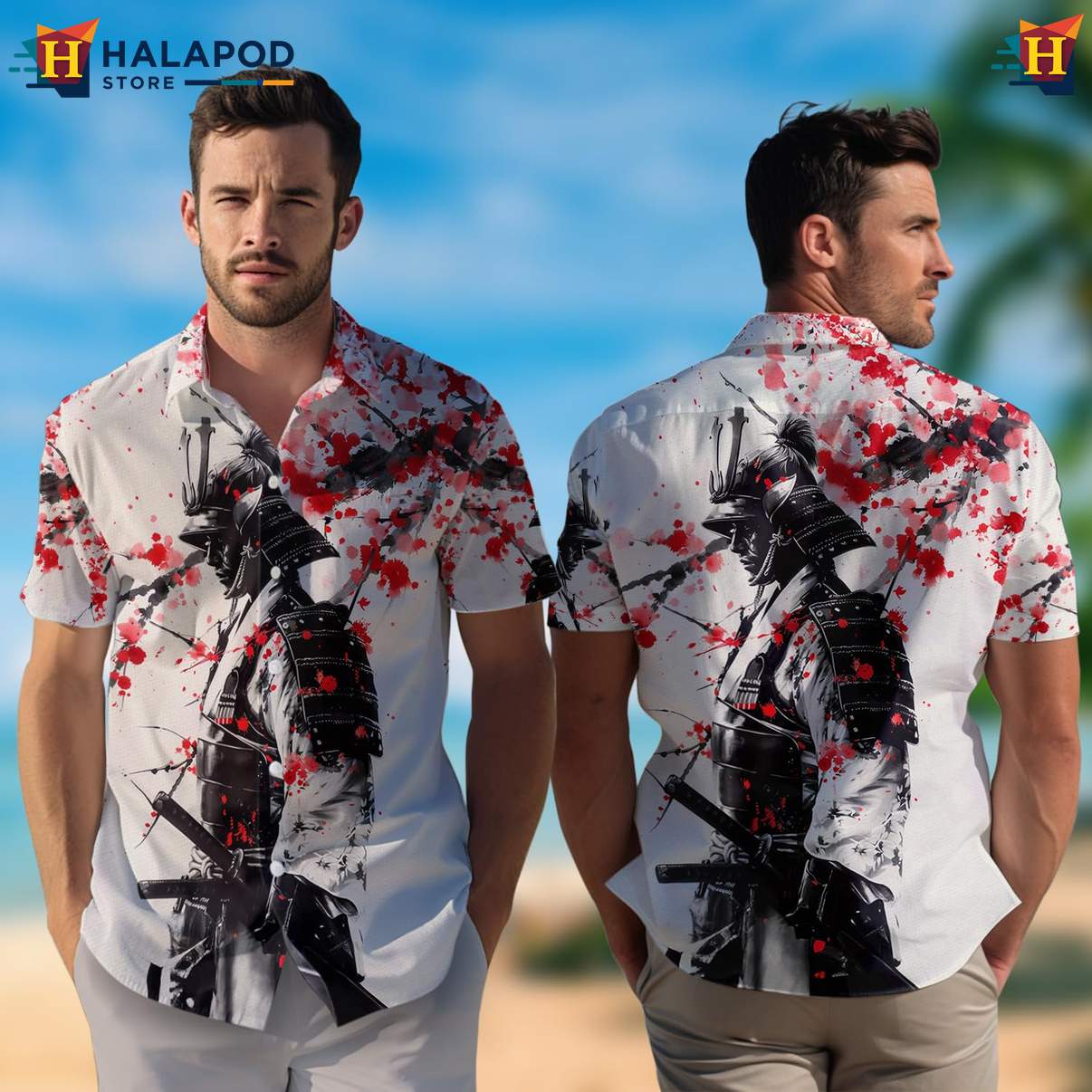 Mens Samurai Japanese Warrior Aloha Shirt Casual Button Down Beach Outfit