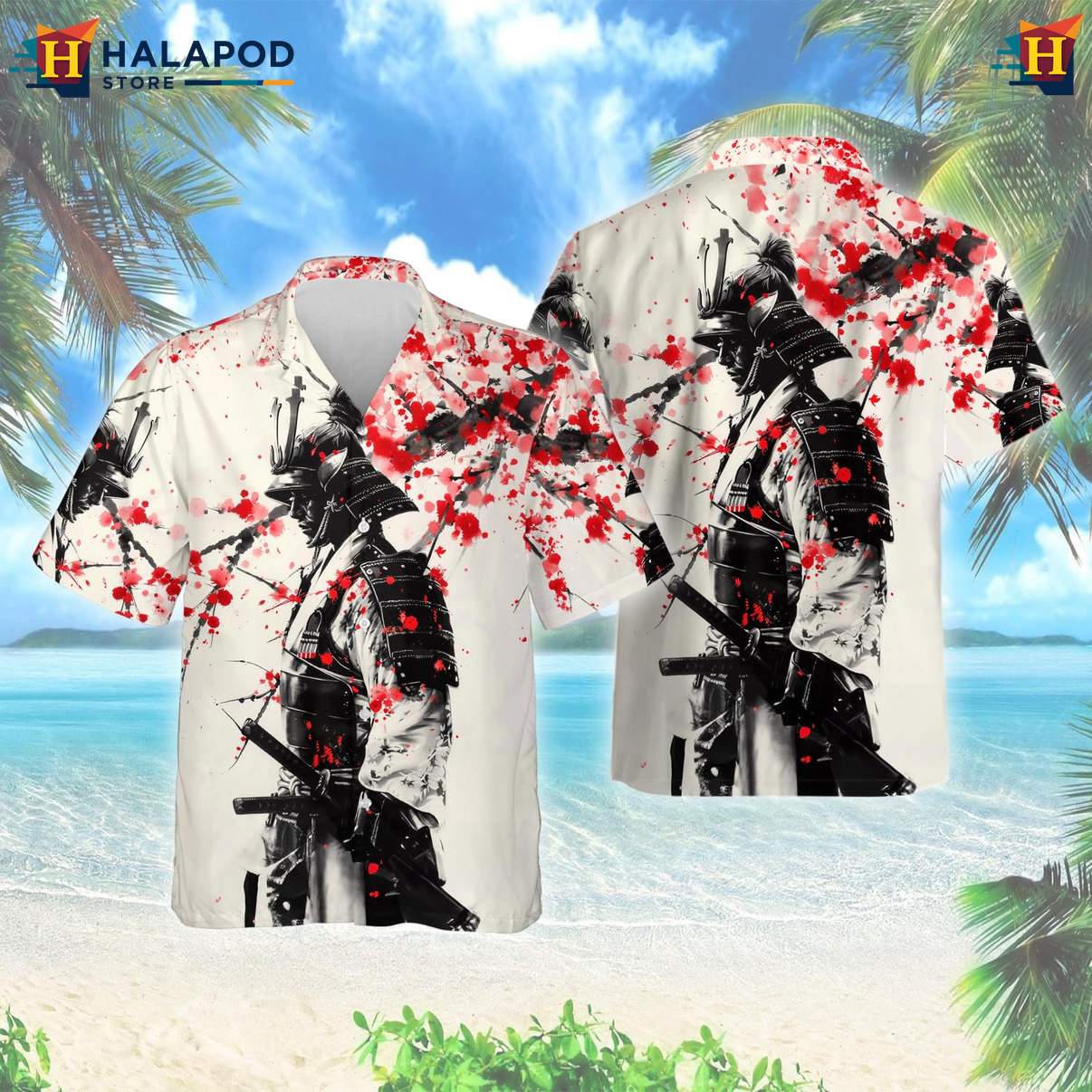 Mens Samurai Japanese Warrior Tropical Shirt Casual Button Down Beach Outfit