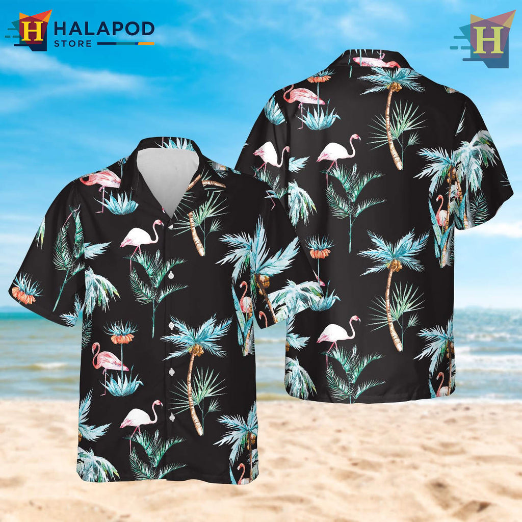 Midnight Flamingo Aloha Print Hawaiian Shirt Funny Tropical Floral Beach Apparel