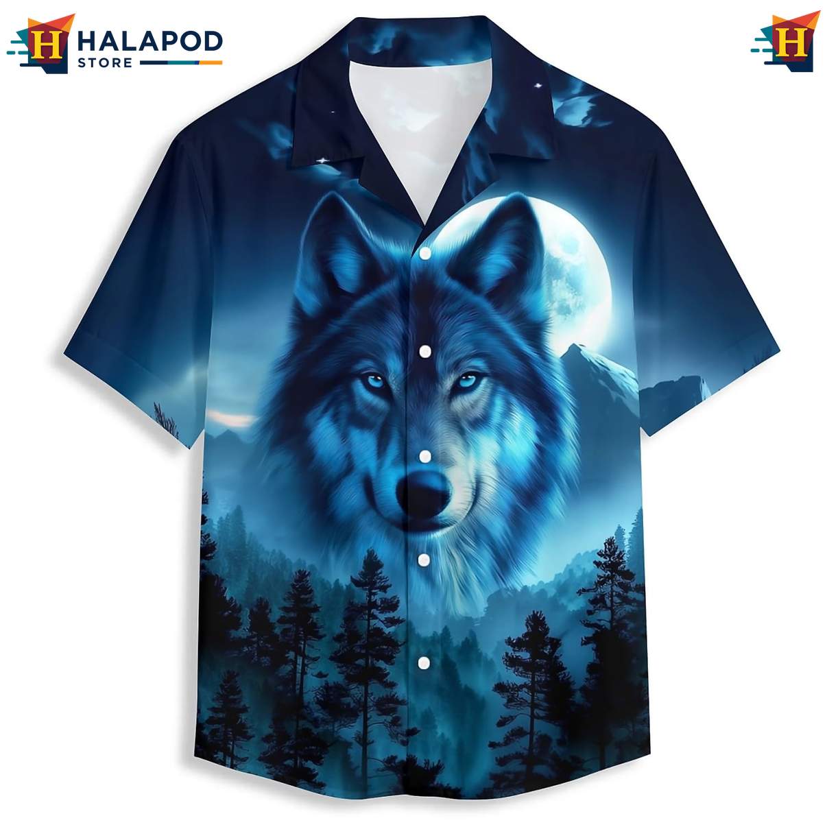 Moon Forest Wolf Tropical Hawaiian Shirt Short Sleeve Floral Button Down