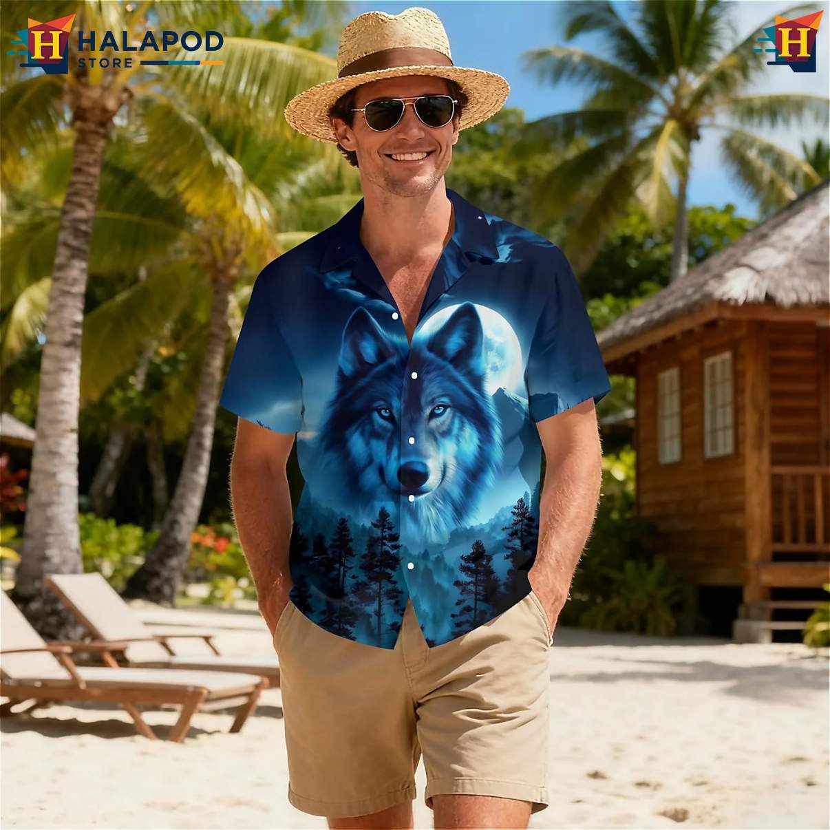 Moon Forest Wolf Tropical Short-sleeve button-up shirt Short Sleeve Floral Button Down