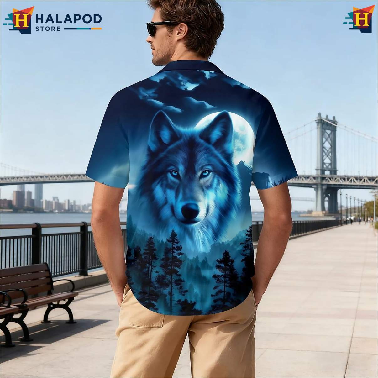 Moon Forest Wolf Tropical Tropical Shirt Short Sleeve Floral Button Down