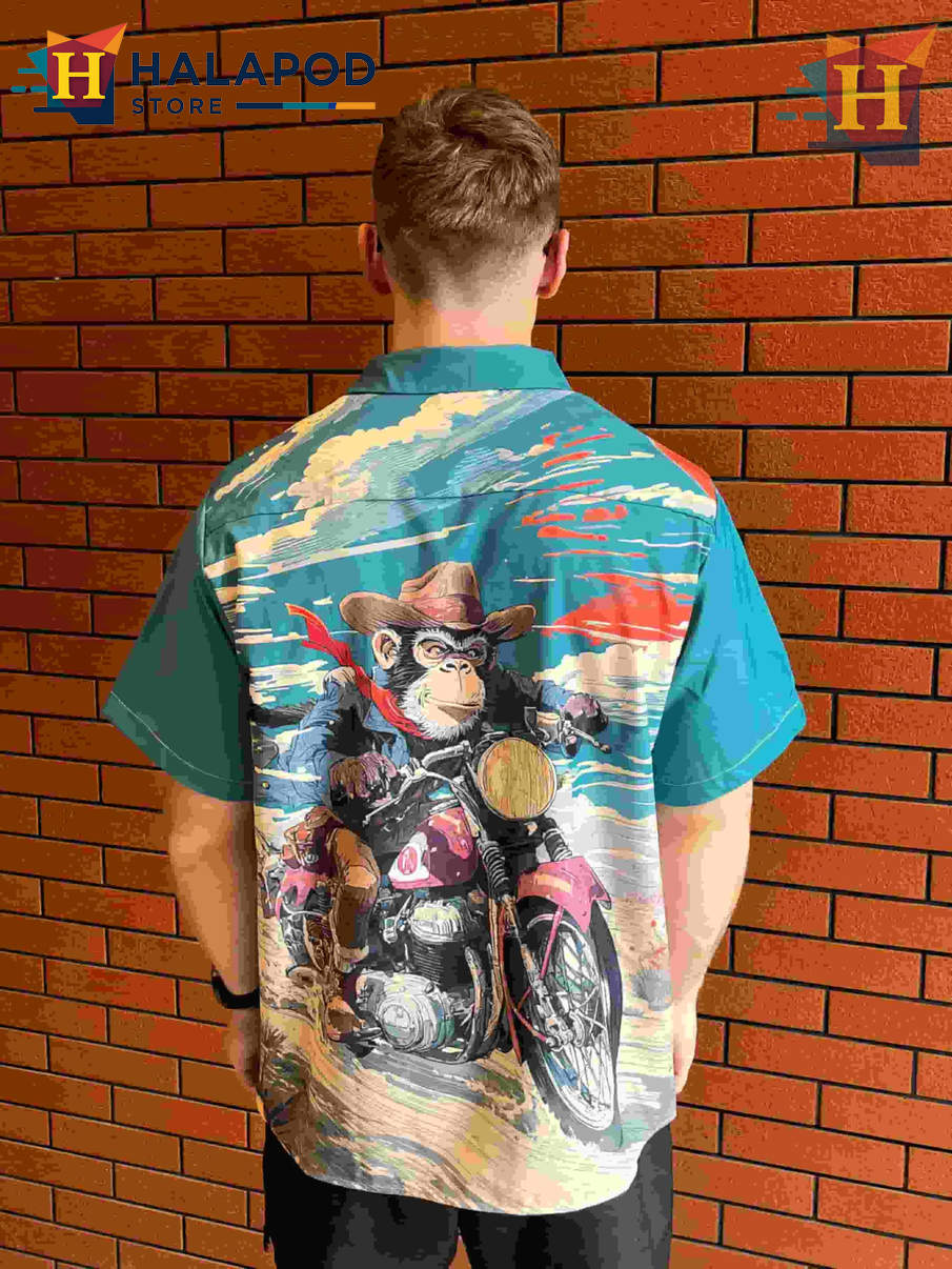 Motorcycle Monkey Hawaiian Shirt Funny Graphic Tropical Casual Beach Shirt