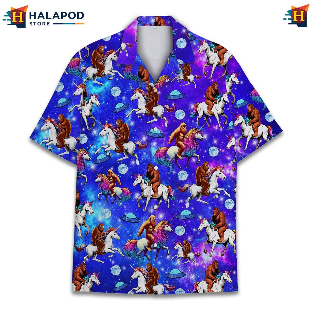 Multicolor Bigfoot Hawaiian Shirt Funny Alien UFO Short Sleeve Button Down