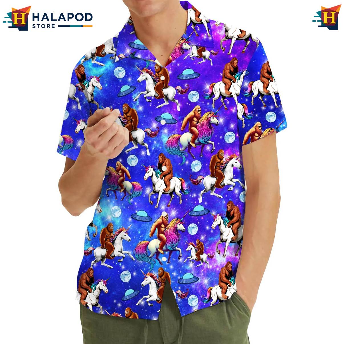 Multicolor Bigfoot Short-sleeve button-up shirt Funny Alien UFO Short Sleeve Button Down