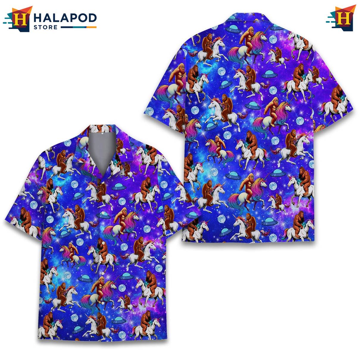 Multicolor Bigfoot Aloha Shirt Funny Alien UFO Short Sleeve Button Down