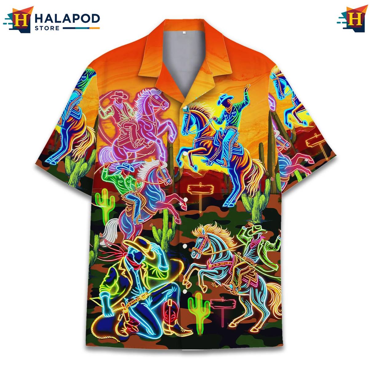 Multicolor Cowboy Hawaiian Shirt Funny Alien UFO Short Sleeve Button Down