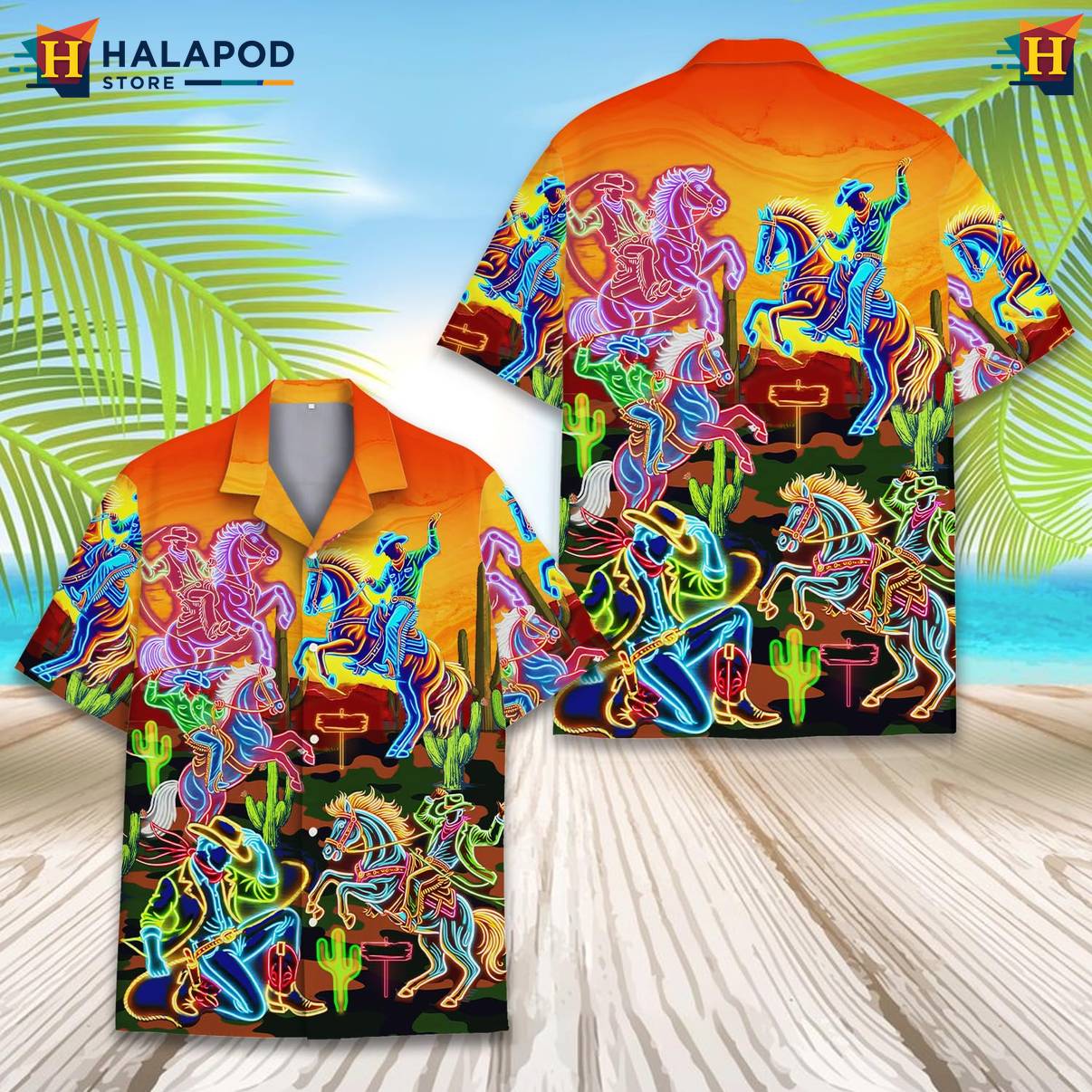 Multicolor Cowboy Tropical Shirt Funny Alien UFO Short Sleeve Button Down