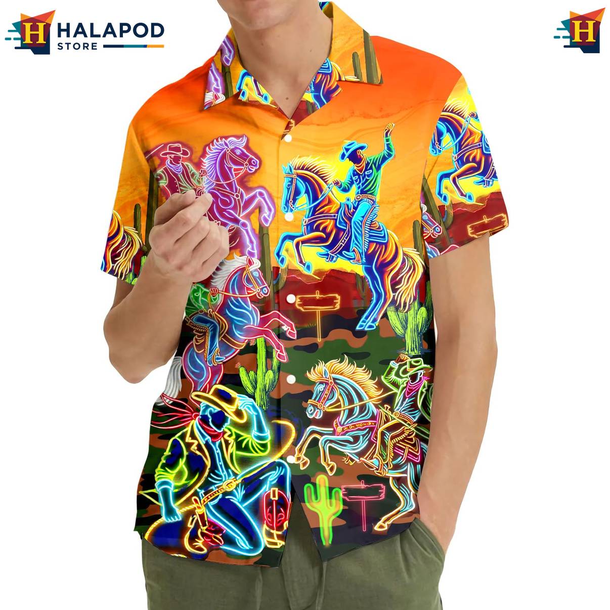 Multicolor Cowboy Aloha Shirt Funny Alien UFO Short Sleeve Button Down