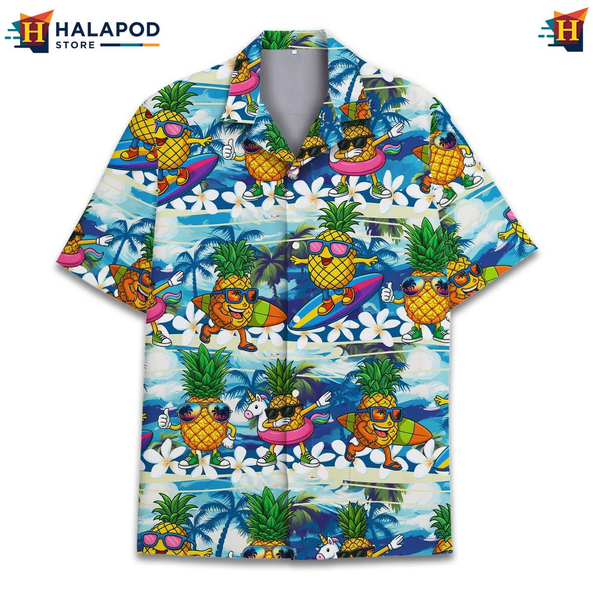 Multicolor Pineapple Hawaiian Shirt Funny Alien UFO Short Sleeve Button