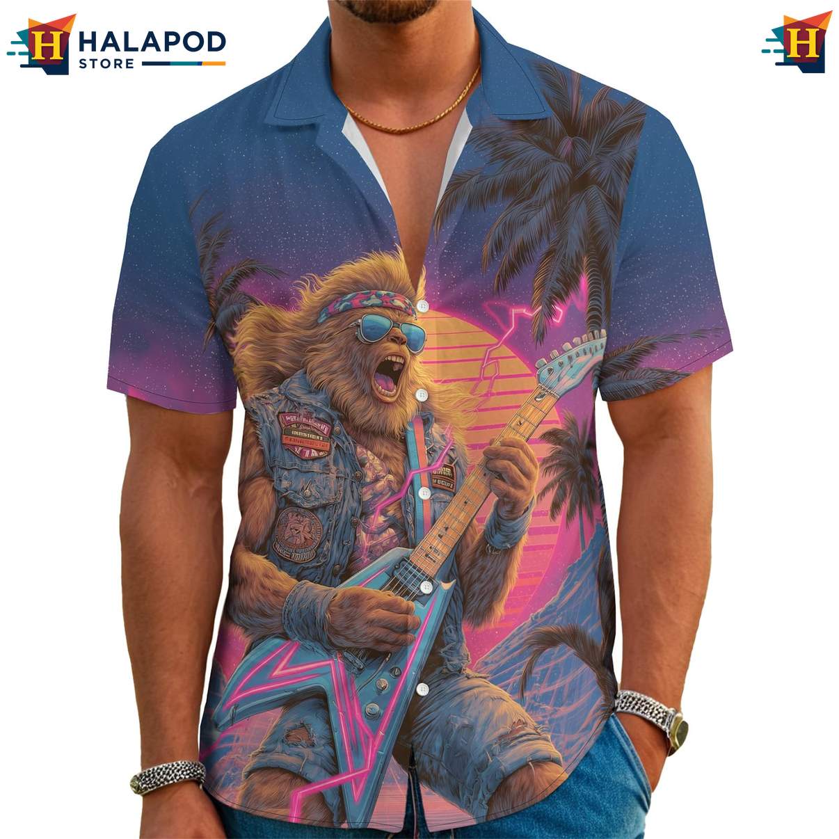 Music Bigfoot Mens Funny Hawaiian Shirt Retro Graphic Aloha Summer Outfits