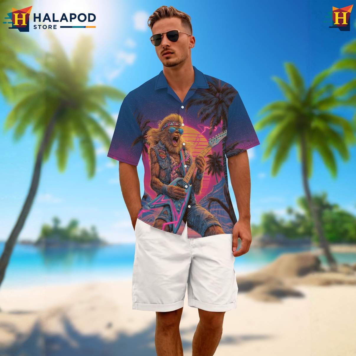 Music Bigfoot Mens Funny Short-sleeve button-up shirt Retro Graphic Aloha Summer Outfits