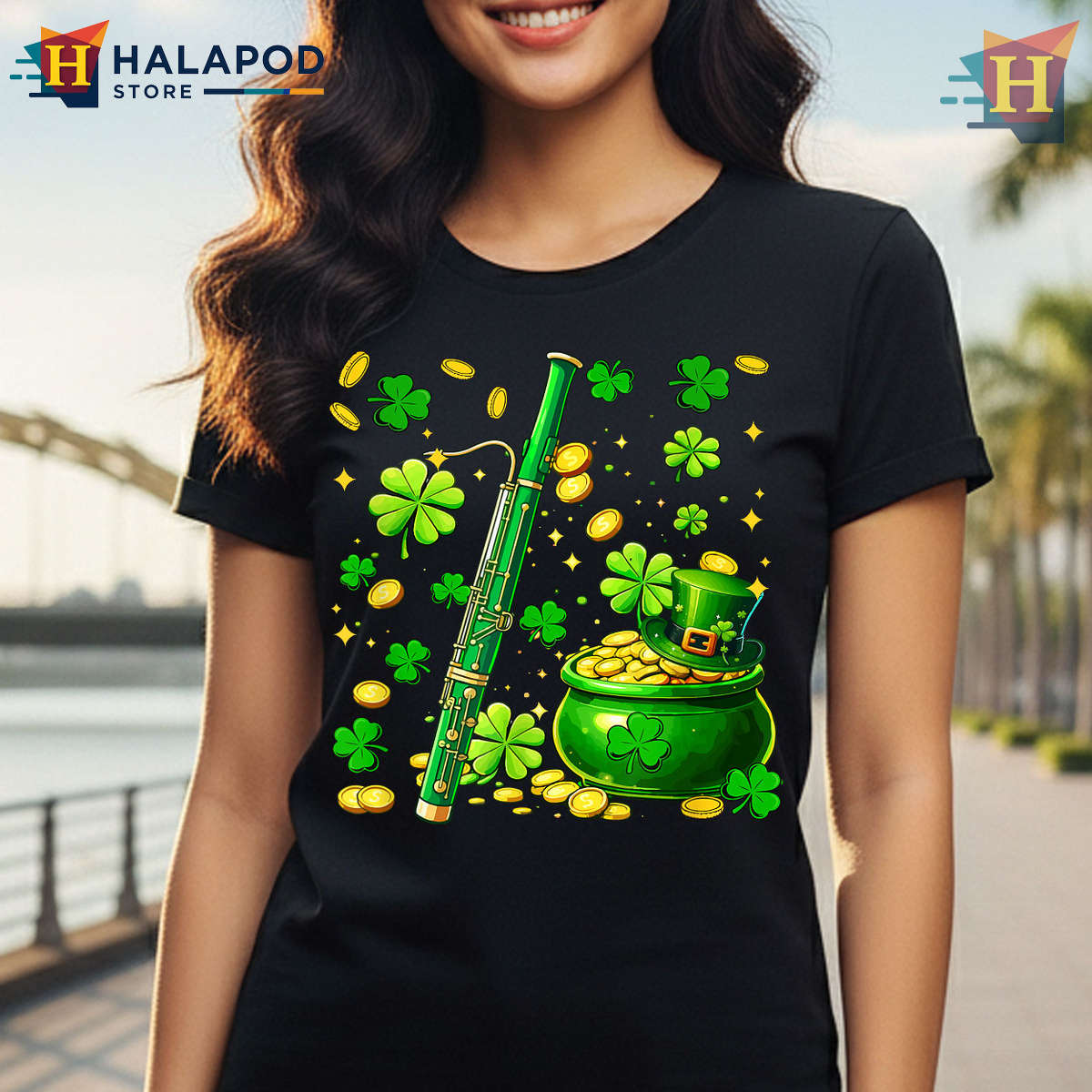Musician Shamrock Coin Tee T Shirt St Patricks Day Bassoon Player Gift